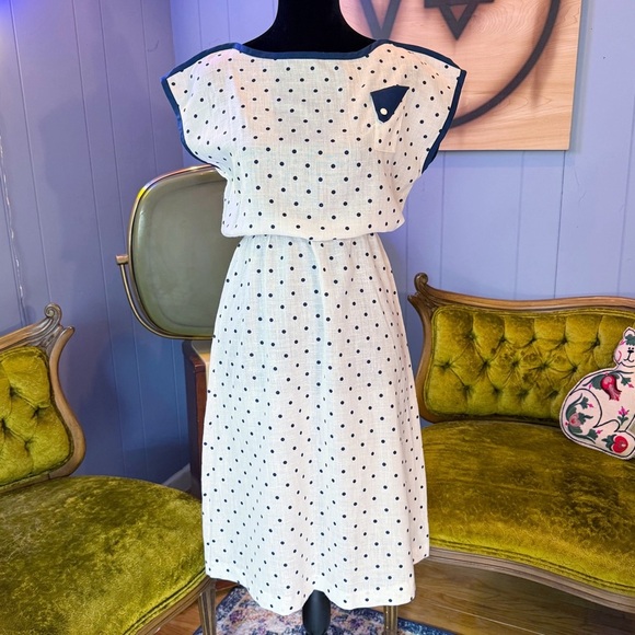 Vintage 80s The Dress Express Blue And White Polka Dot Rayon Blend Dress - Picture 1 of 9